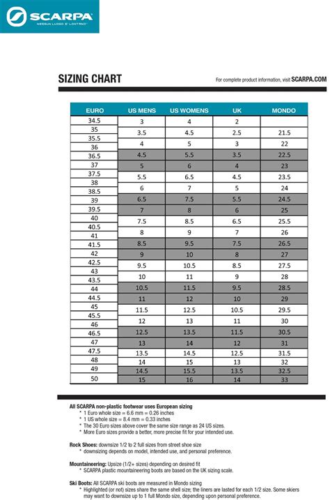 scarpa shoes size chart.